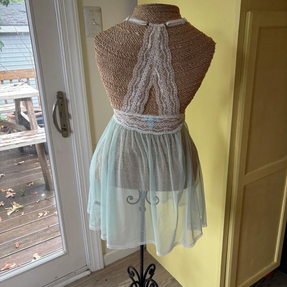 Betsey Johnson Aqua Blue Babydoll Lingerie Lace Trim Ruffle‎ Halter Y2K - Picture 8 of 12